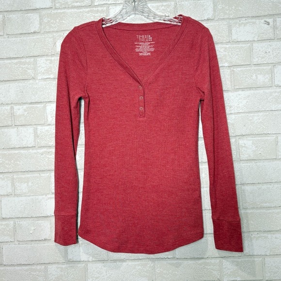 Womens Y2K Red Thermal‎ Henley Top Small Bella Elena Fitted Long Sleeve Preppy - Picture 8 of 9